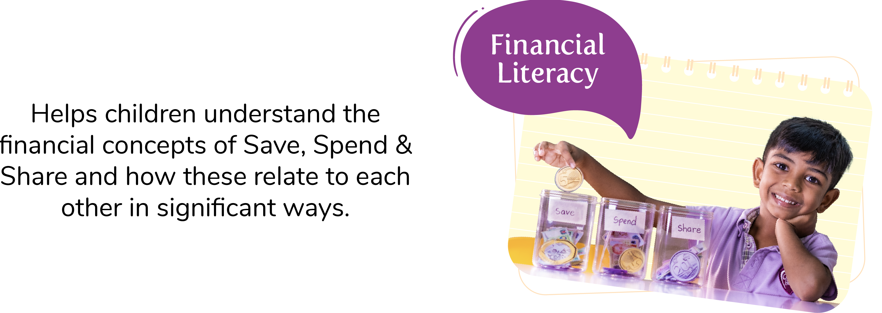 Helps children understand the financial concepts of Save, Spend & Share and how these relate to each other in significant ways.